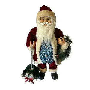 24 Inch Standing Fancy Santa Claus With Blue Paisley Vest Holding Gift & Wreath